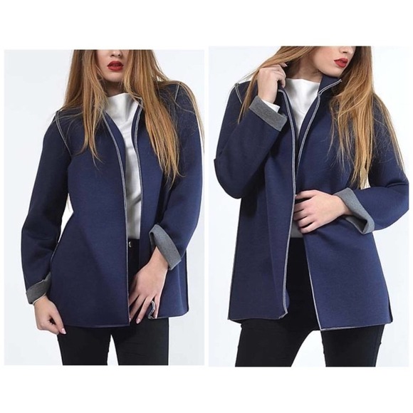 Lada Lucci Contrast Jacket Blue gray size Large Oversized open front NWT Luxury - Picture 1 of 11